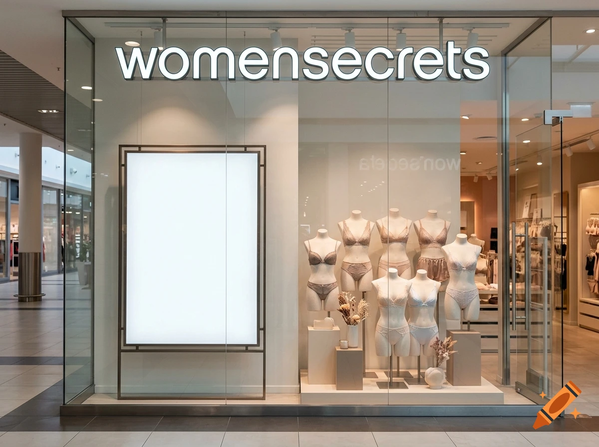 Photorealistic storefront of a lingerie shop with mannequins displaying undergarments and an illuminated sign.