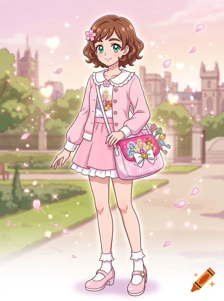 An anime-style digital illustration of a 16-year-old girl with brown curly hair, wearing a pink cardigan and skirt, carrying a matching shoulder bag in a park setting.