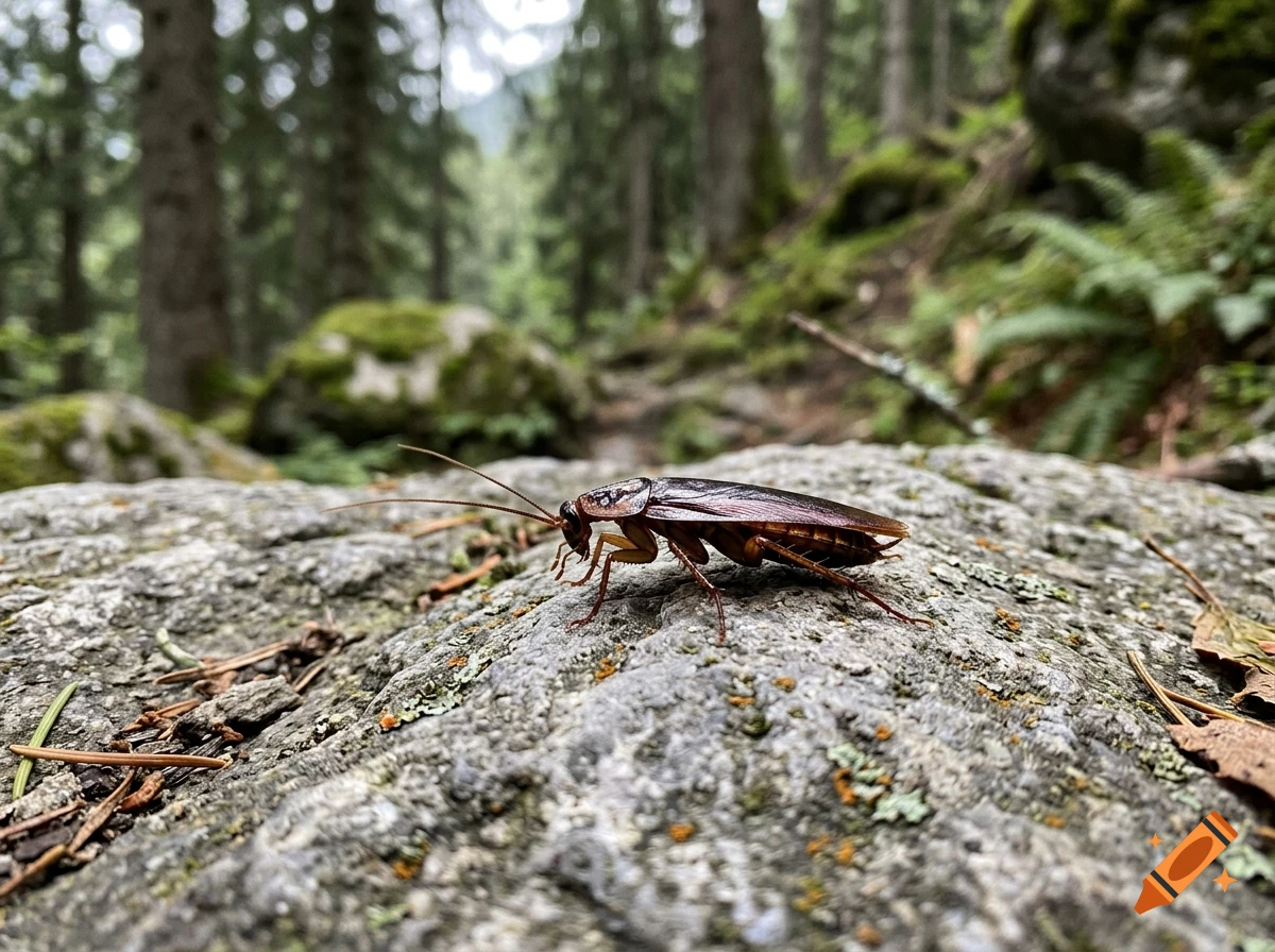 Close-up photorealistic shot of a roach on a mossy rock in a wooded mountain forest.