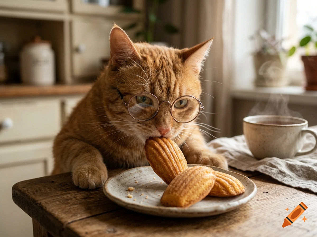 An orange cat wearing round glasses is eating a madeleine from a plate on a wooden table, next to a steaming mug.