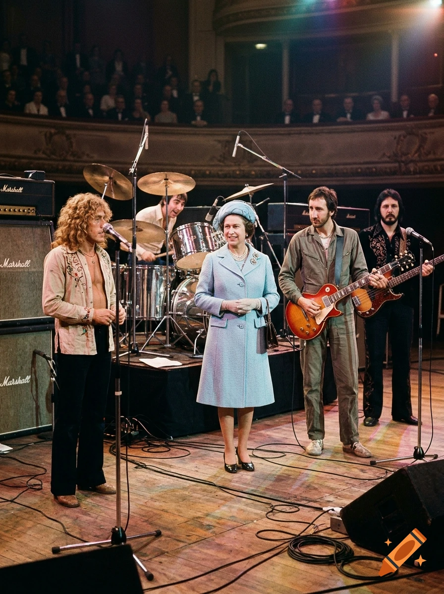 Queen Elizabeth standing onstage with the rock band The Who in a vintage concert hall.
