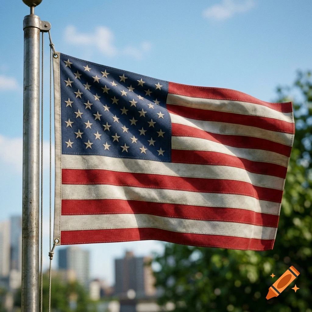Photorealistic image of the American flag waving on a metal flagpole against a blue sky with soft clouds and city buildings in the background.