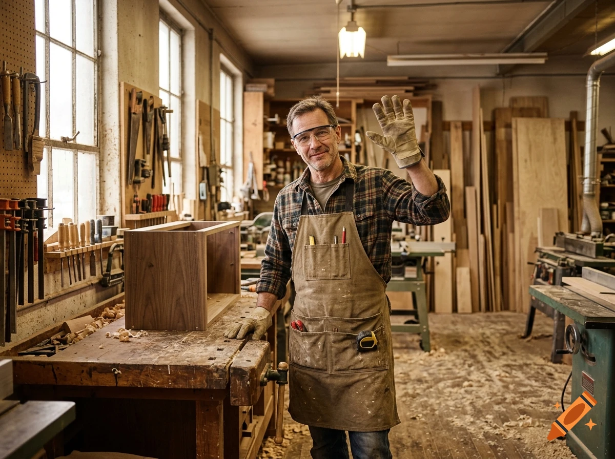Photorealistic image of a smiling carpenter wearing work clothes and gloves, waving inside a woodworking shop.