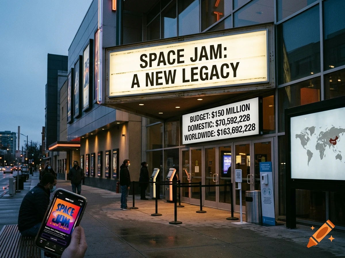 Photorealistic view of a modern movie theater entrance at dusk with a lighted marquee reading Space Jam: A New Legacy.