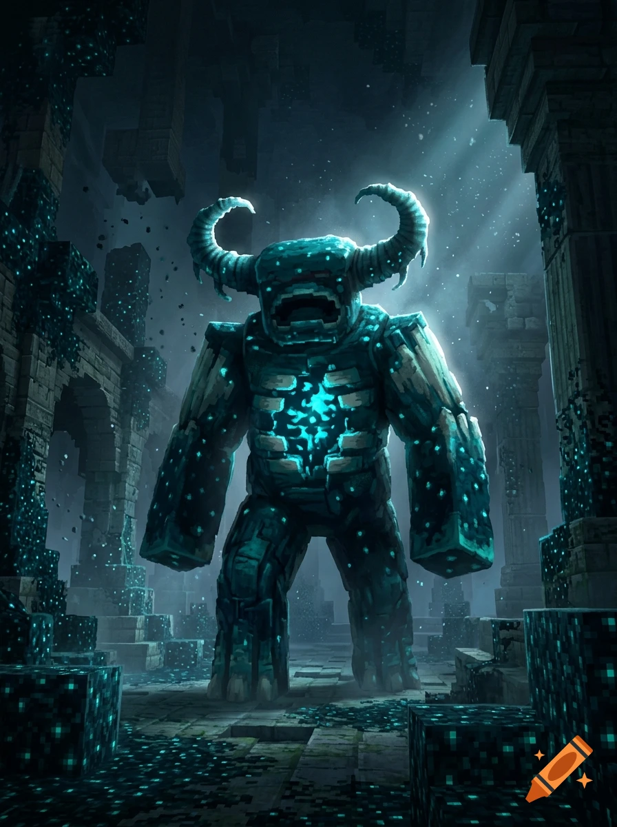 Detailed digital illustration of the Minecraft Warden in an ancient dark stone city glowing with teal light.