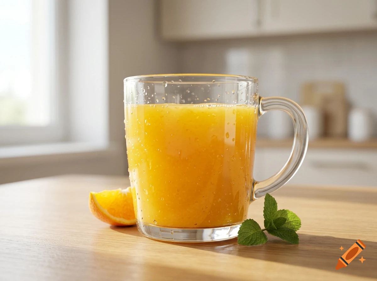 A glass mug filled with orange juice on a wooden table, accompanied by a slice of orange and a sprig of mint, with a kitchen background.