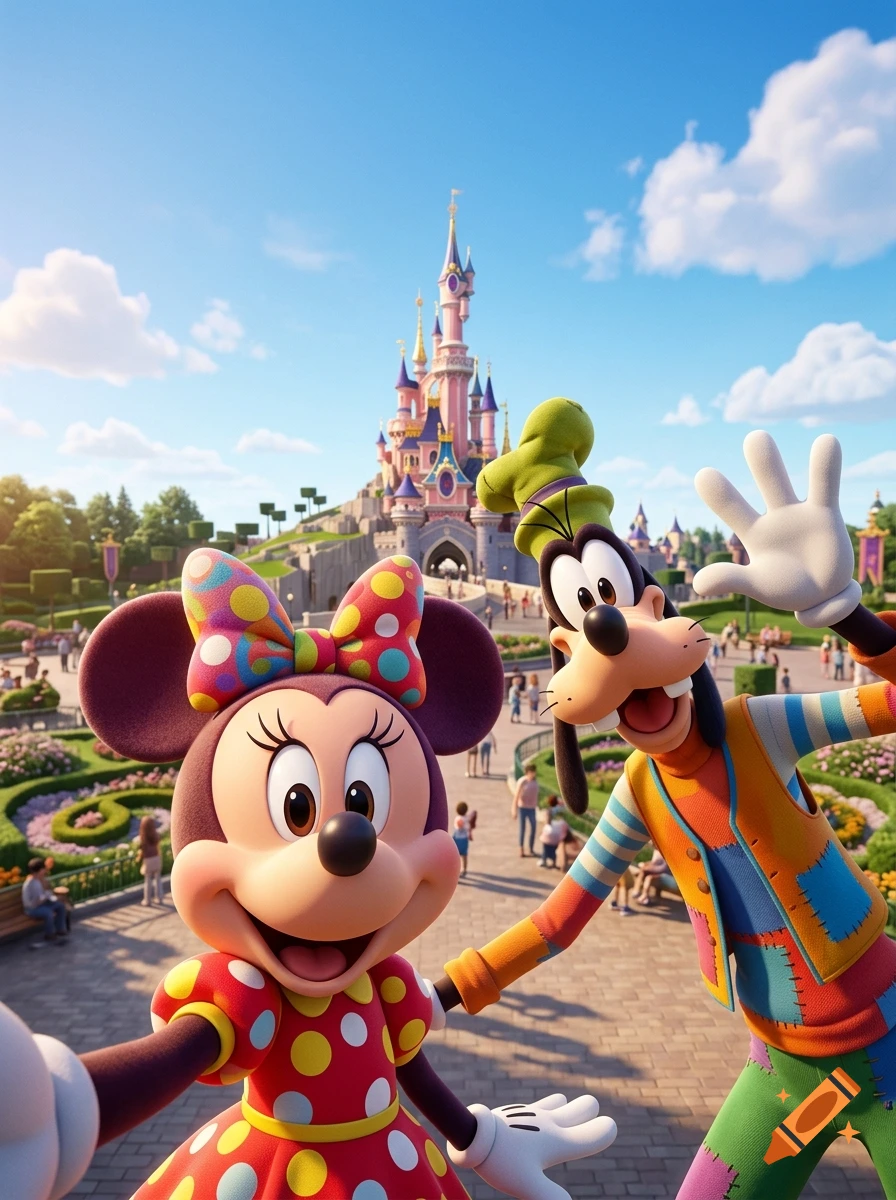 Smartphone selfie of a female mouse character and a tall dog-like character in front of a fairytale castle in 3D animation style.