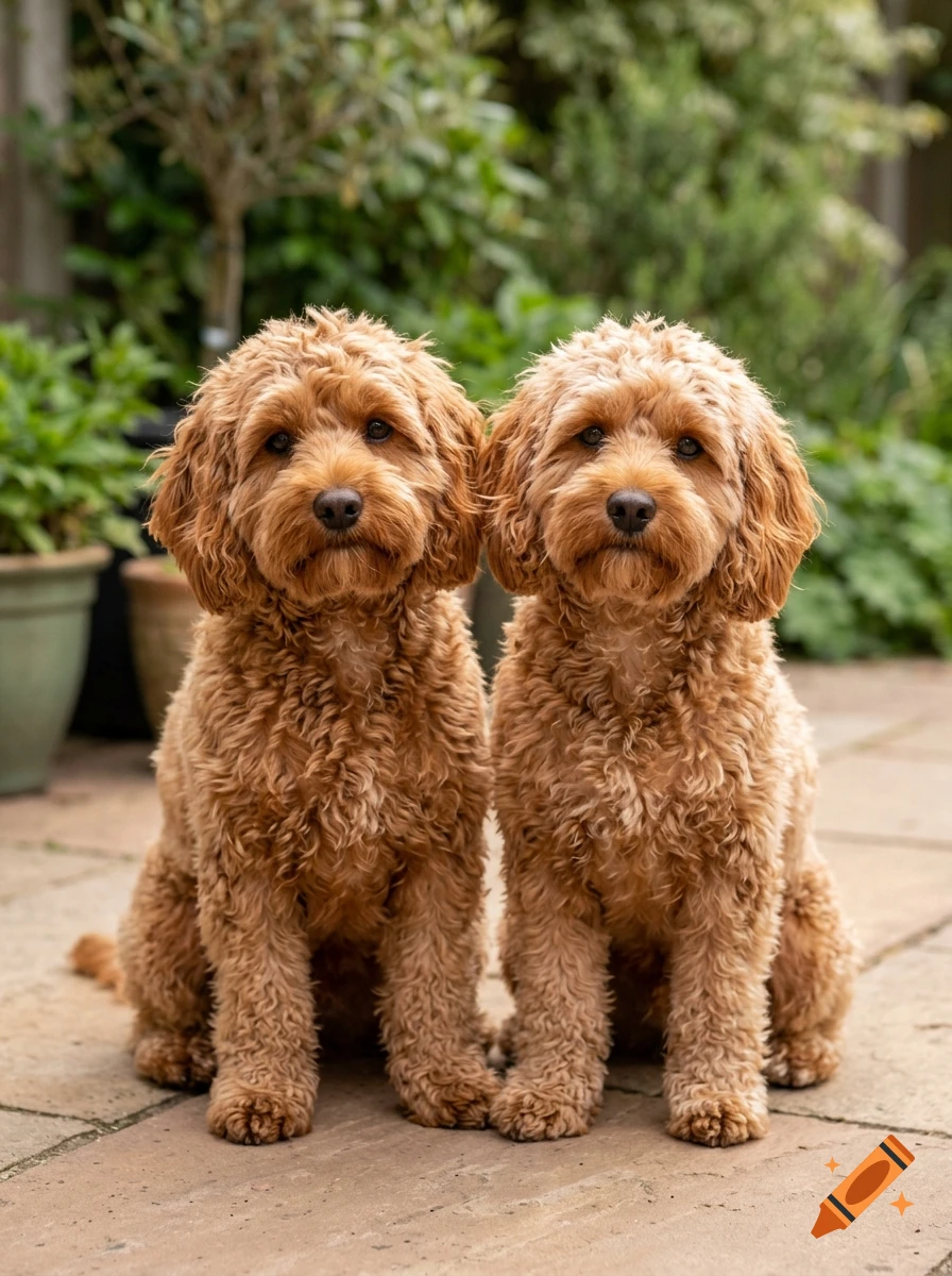 Two fluffy apricot-colored poodle mixes sitting side by side on a stone patio outdoors.