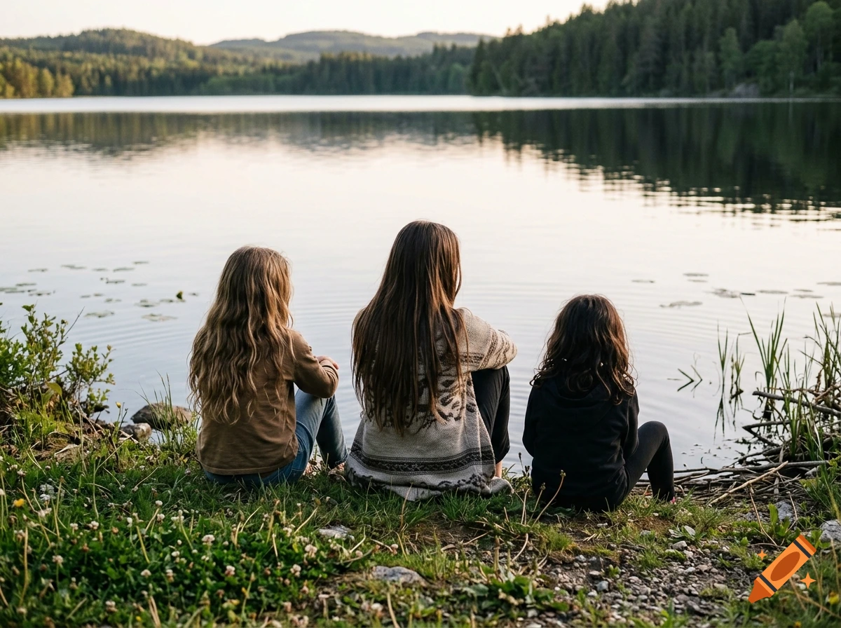 Three children sitting by the lakeshore, seen from behind
