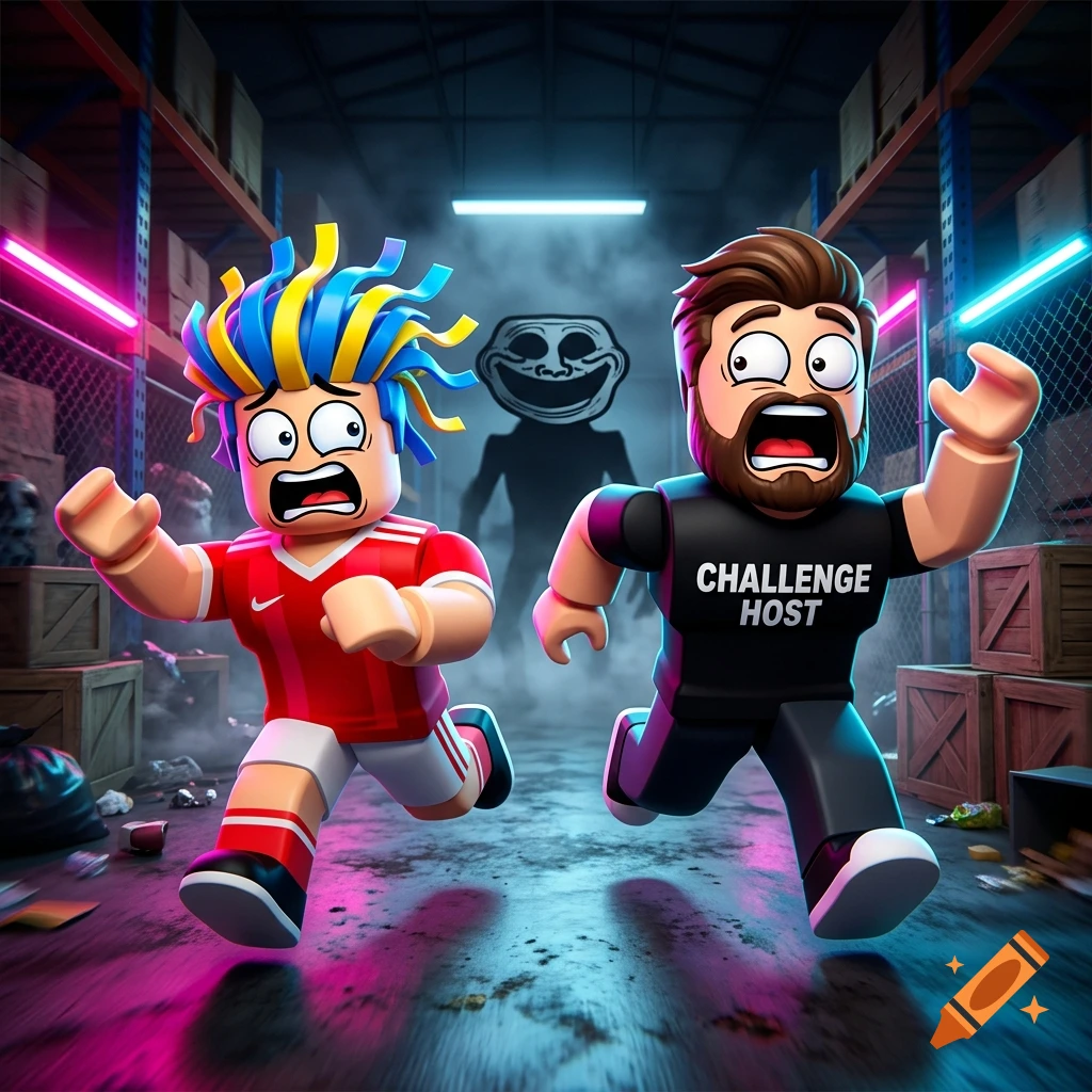 3D render of two Roblox-style characters running away from a creepy troll face in a dark warehouse.