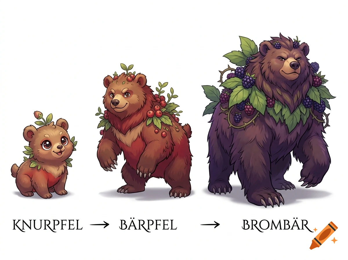 Digital illustration of three evolutionary stages of a fictional bear creature decorated with berries, with labels underneath.