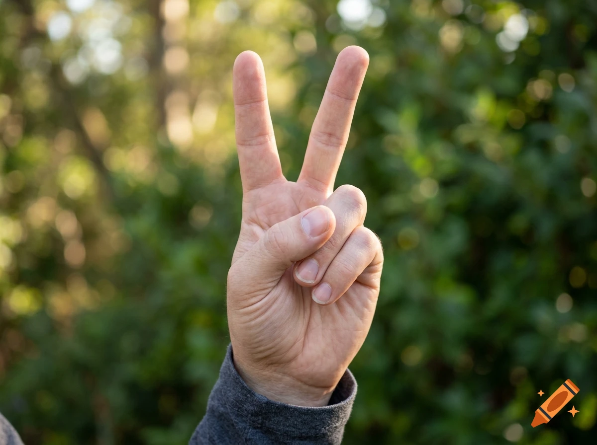 Close-up of a human hand making a peace sign against a blurry green background.