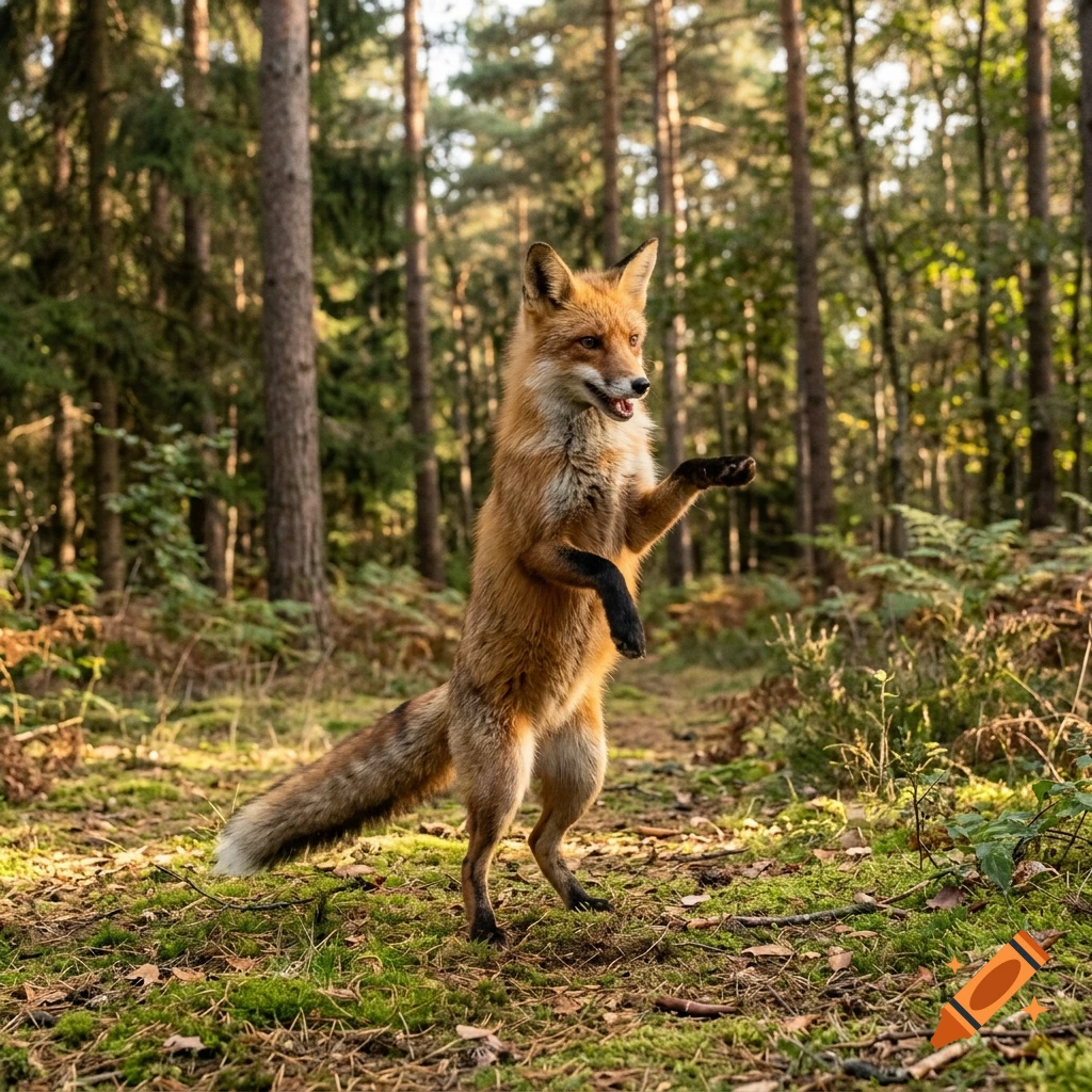 Photorealistic image of a red fox standing on its hind legs dancing in a lush forest with tall trees.