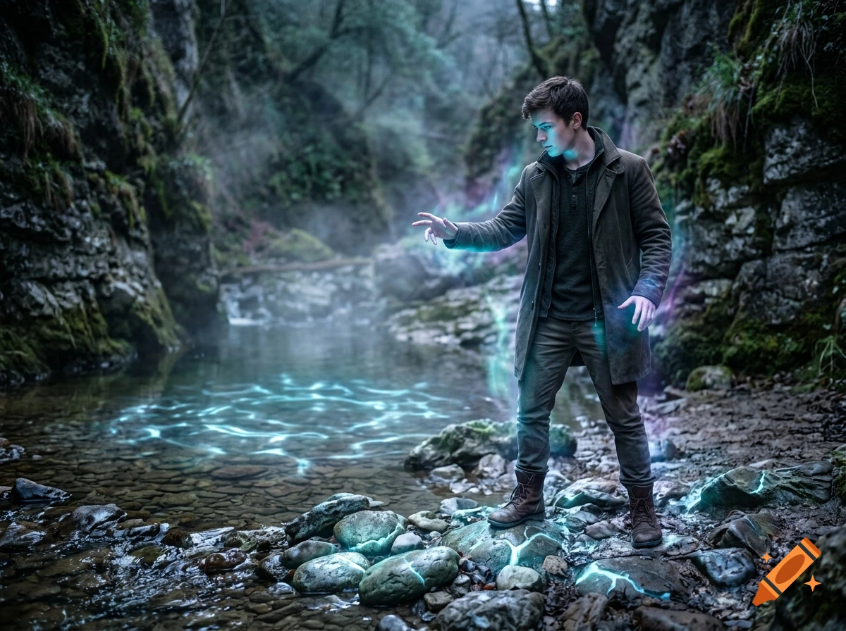 A young man stands by a rocky riverbank in a forest, holding his hand out as glowing blue energy ripples across the water and stones.