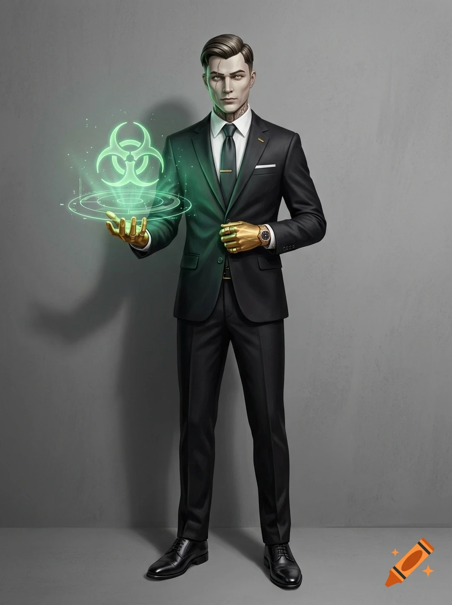 Digital illustration of Midas from Fortnite in a black suit with a gold tie and hand, holding a glowing green biohazard hologram.