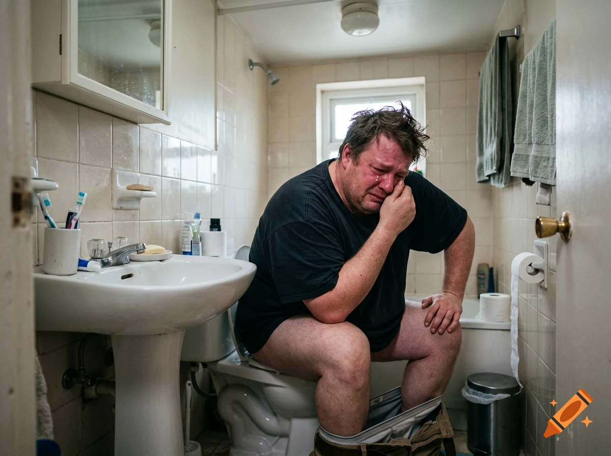 A distressed man crying while sitting on a toilet in a cramped bathroom, photorealistic.