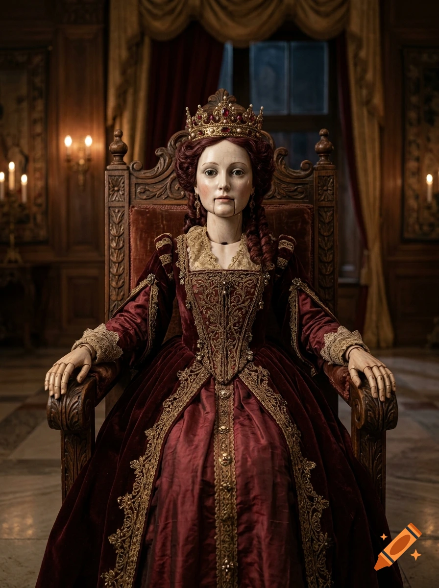 A detailed female puppet queen with an elaborate red velvet dress and crown, sitting on a wooden throne in a dark room.