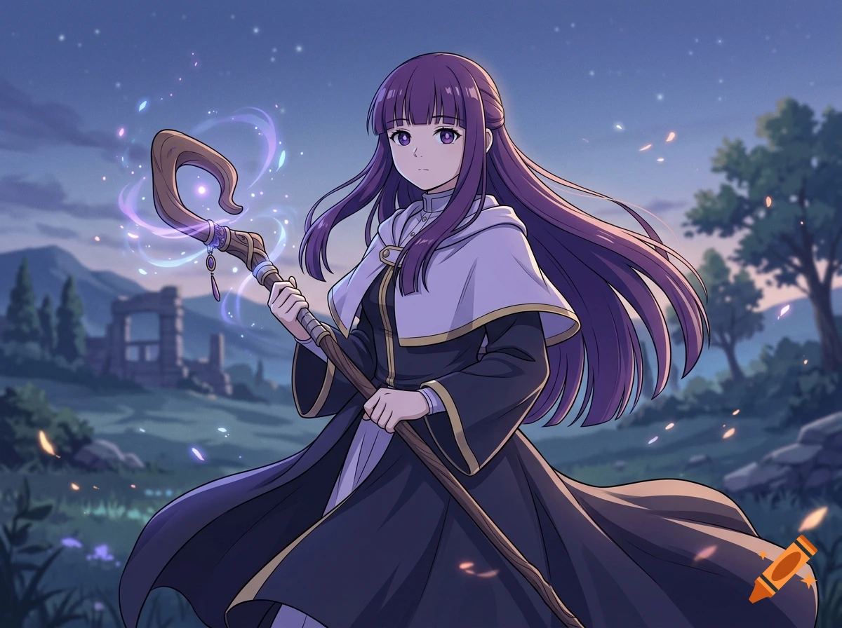 Anime style illustration of Fern from Frieren holding a magical staff in a rural landscape at twilight.