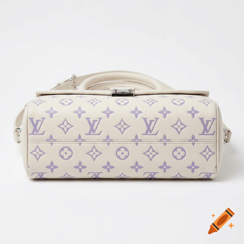A cream-colored designer handbag featuring a repeating light purple LV monogram pattern resting on a white surface.