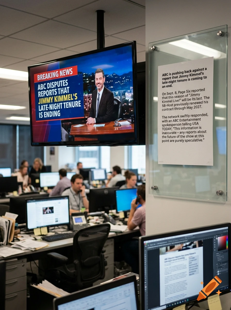Photorealistic image of a busy newsroom with a television showing a broadcast and a printed article on a glass wall.
