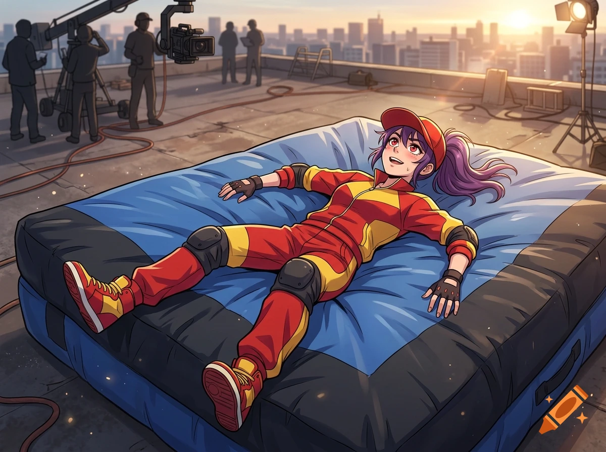 Anime style illustration of a young stuntwoman with purple hair lying on her back on an inflatable stunt mat on a rooftop.