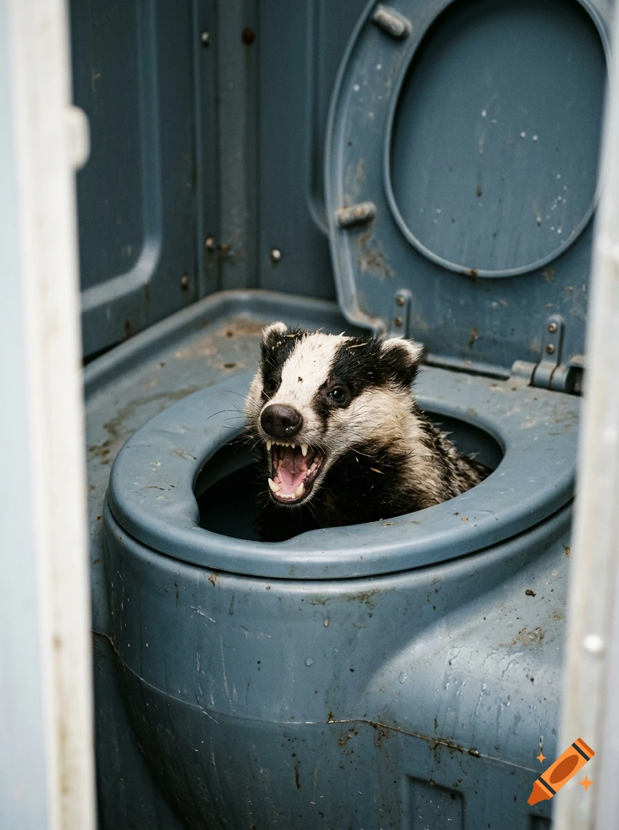 Photorealistic image of an angry badger with its mouth open peering out from inside a blue plastic portable toilet.