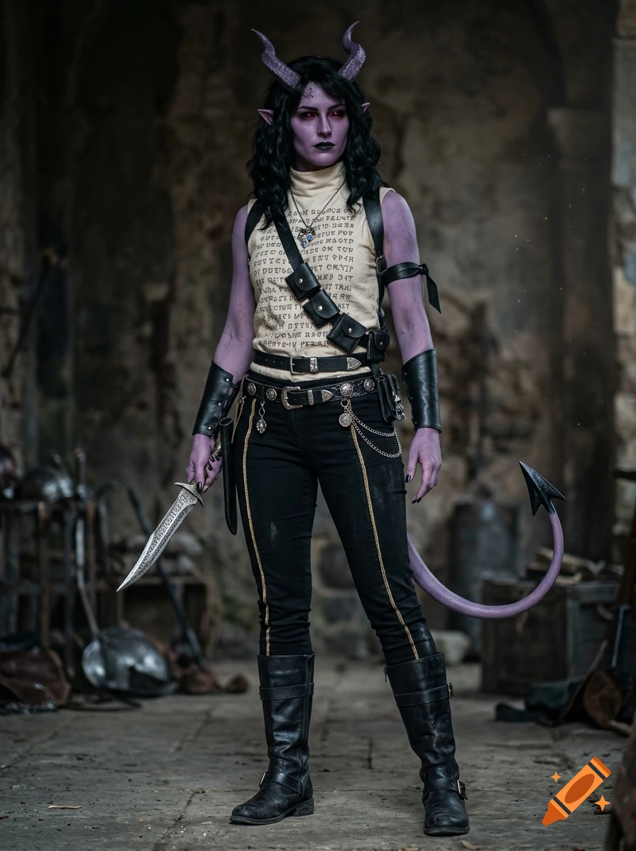 Photorealistic full-body portrait of a female tiefling with purple skin, horns, and a tail, wearing tactical fantasy clothing and holding a dagger in a stone cellar.