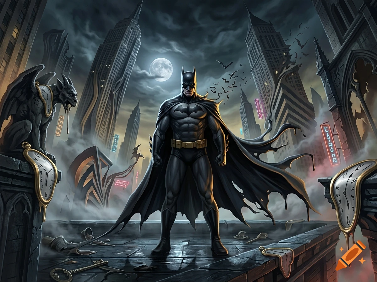 Batman standing on a gothic rooftop with melting clocks, gargoyles, and towering city skyscrapers under a moonlit sky.