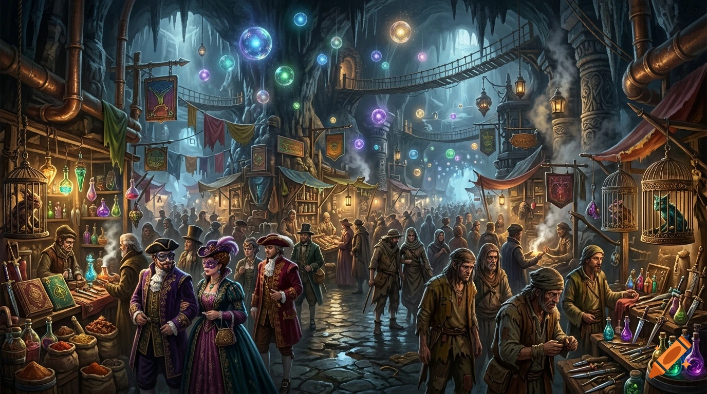 Detailed fantasy underground market with diverse crowds, floating magic orbs, and various merchant stalls in a cavernous setting.