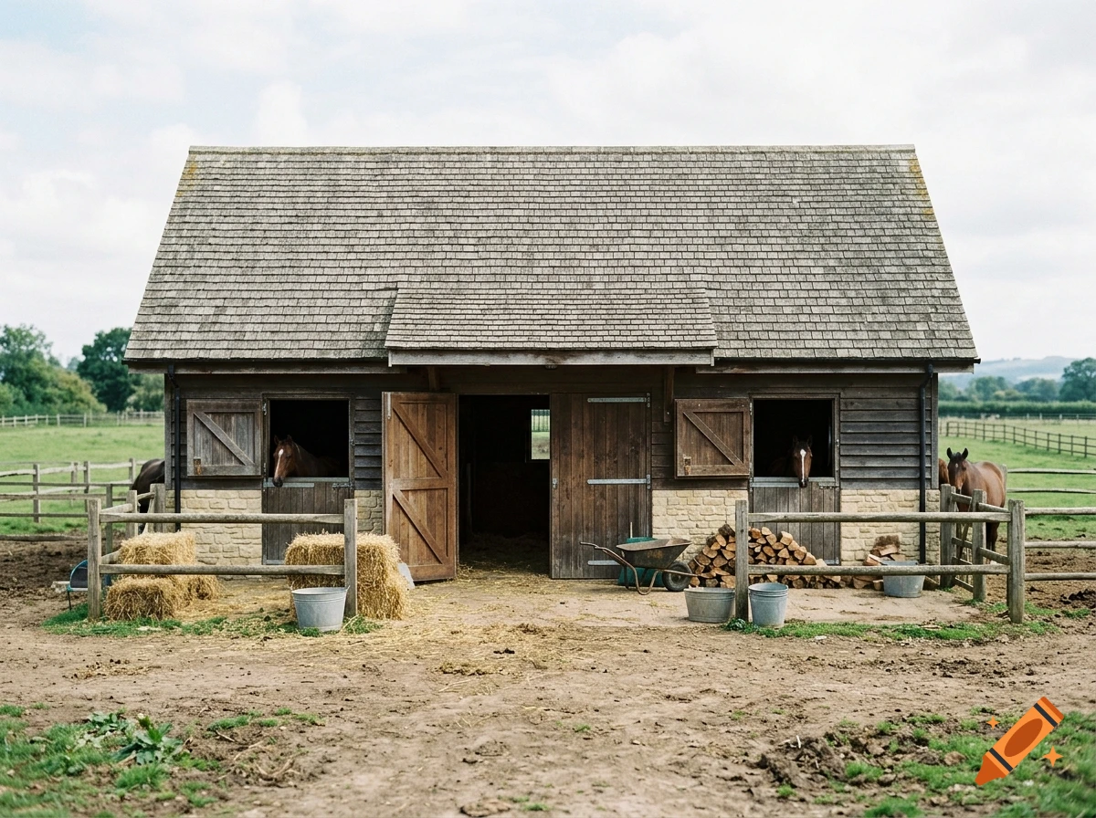 Horses stand in and around a rustic wooden barn with stone base in a grassy paddock.