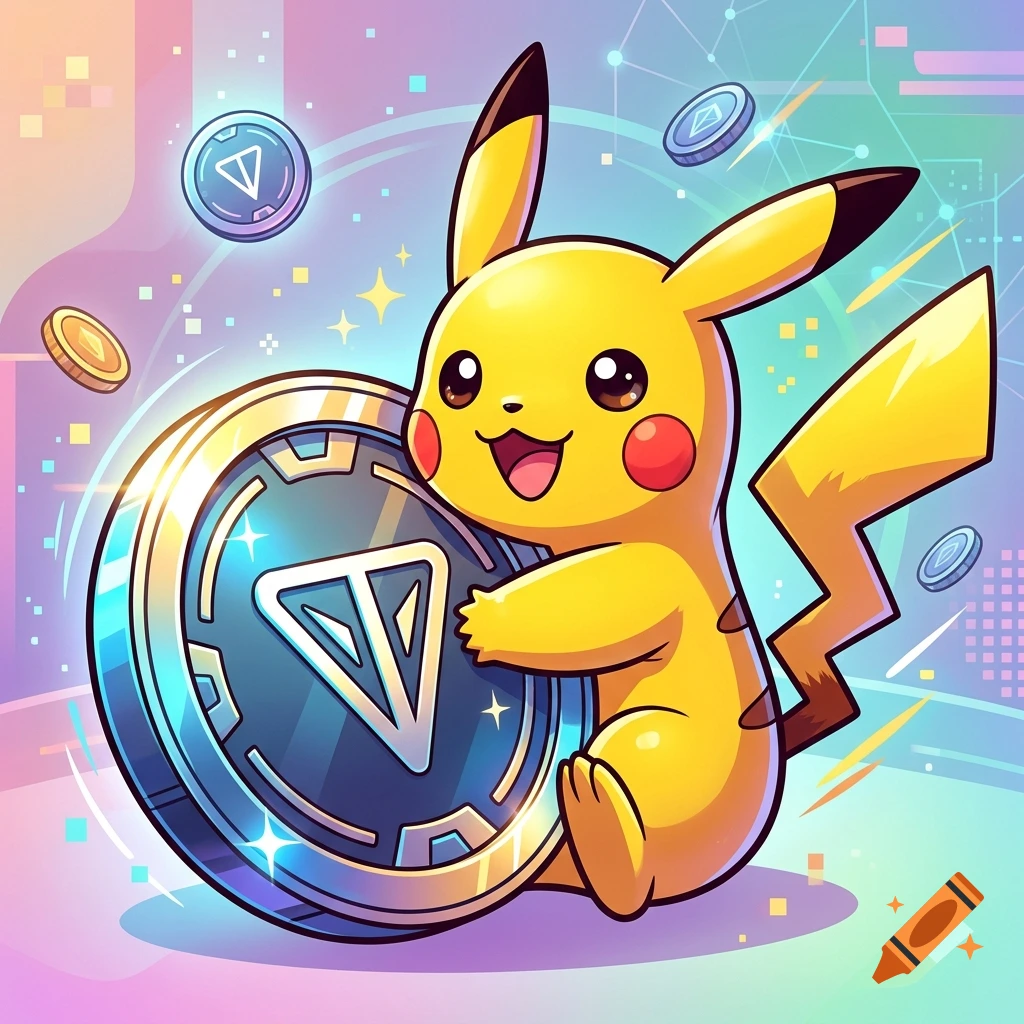 Cartoon style illustration of Pikachu hugging a large TON crypto token in a colorful setting.