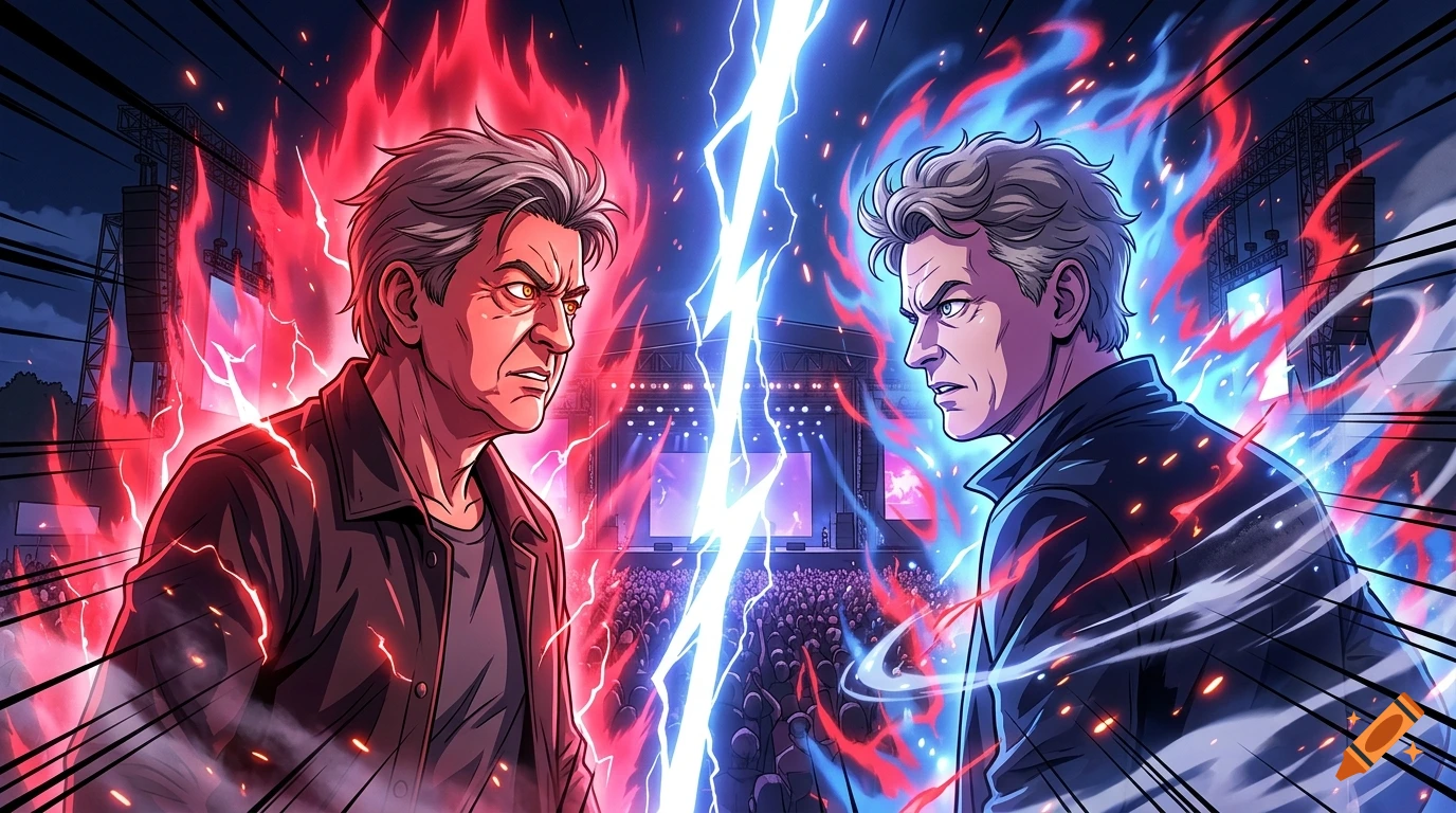 An epic anime style showdown between two men resembling politicians with red and blue energy auras at a festival stage.