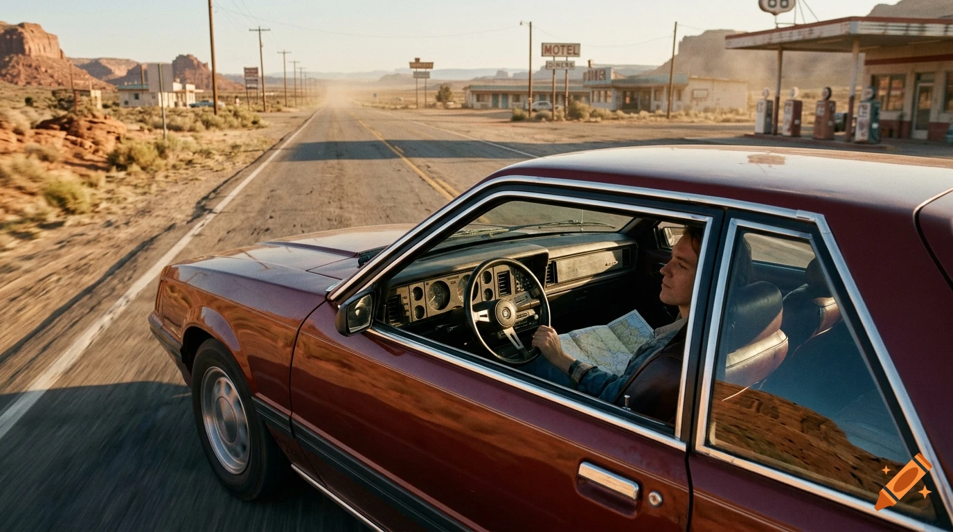 Photorealistic shot from inside a red car driving on Route 66 in the desert with a map.