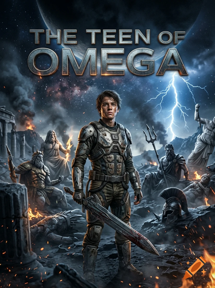 A cinematic movie poster titled 'The Teen of Omega' featuring a rugged teenage warrior holding a sword amidst mythological ruins and lightning.