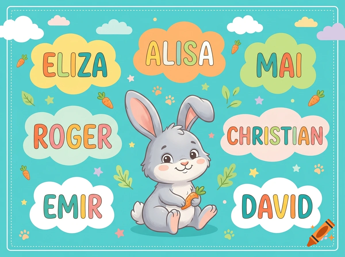 Cute cartoon gray bunny holding a carrot surrounded by clouds with children's names ELIZA, ALISA, MAI, ROGER, CHRISTIAN, EMIR, DAVID on a turquoise background.