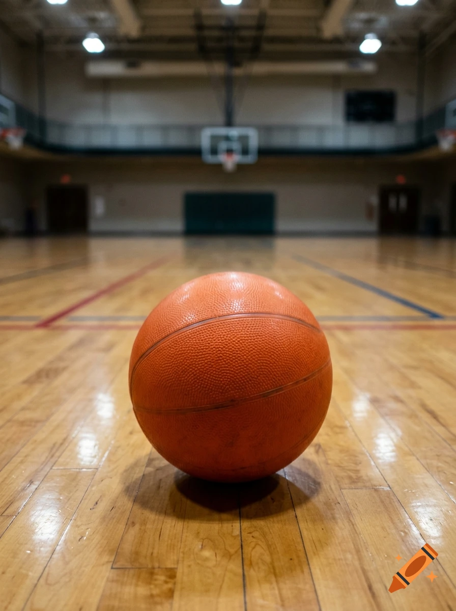A close-up photorealistic shot of an orange basketball resting on a polished wooden floor in a gymnasium, with a basketball hoop in the blurred background.