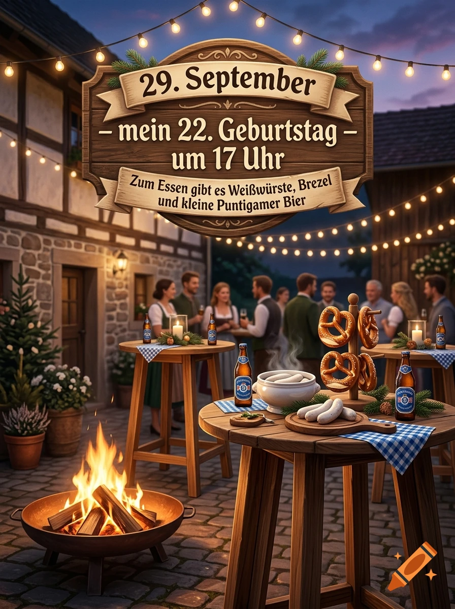 An outdoor birthday party setup in a courtyard with wooden high tables, pretzels, white sausages, beer, and a warm fire pit at dusk.