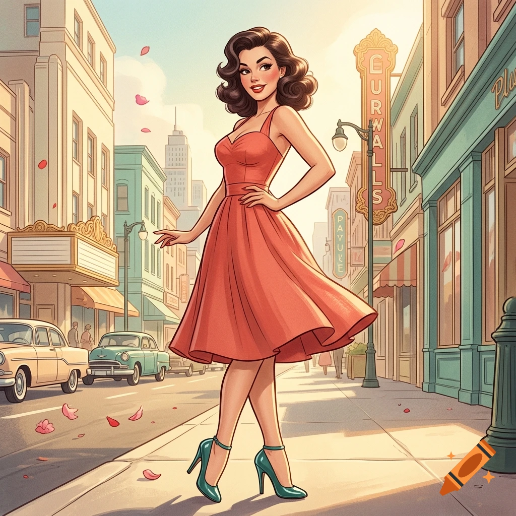Vintage pin-up style illustration of a smiling woman in a red dress and teal heels walking down a city street.