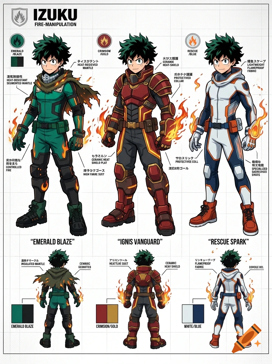 Character sheet with three anime style costume designs for Izuku with fire themes, front and back views, and descriptive labels.