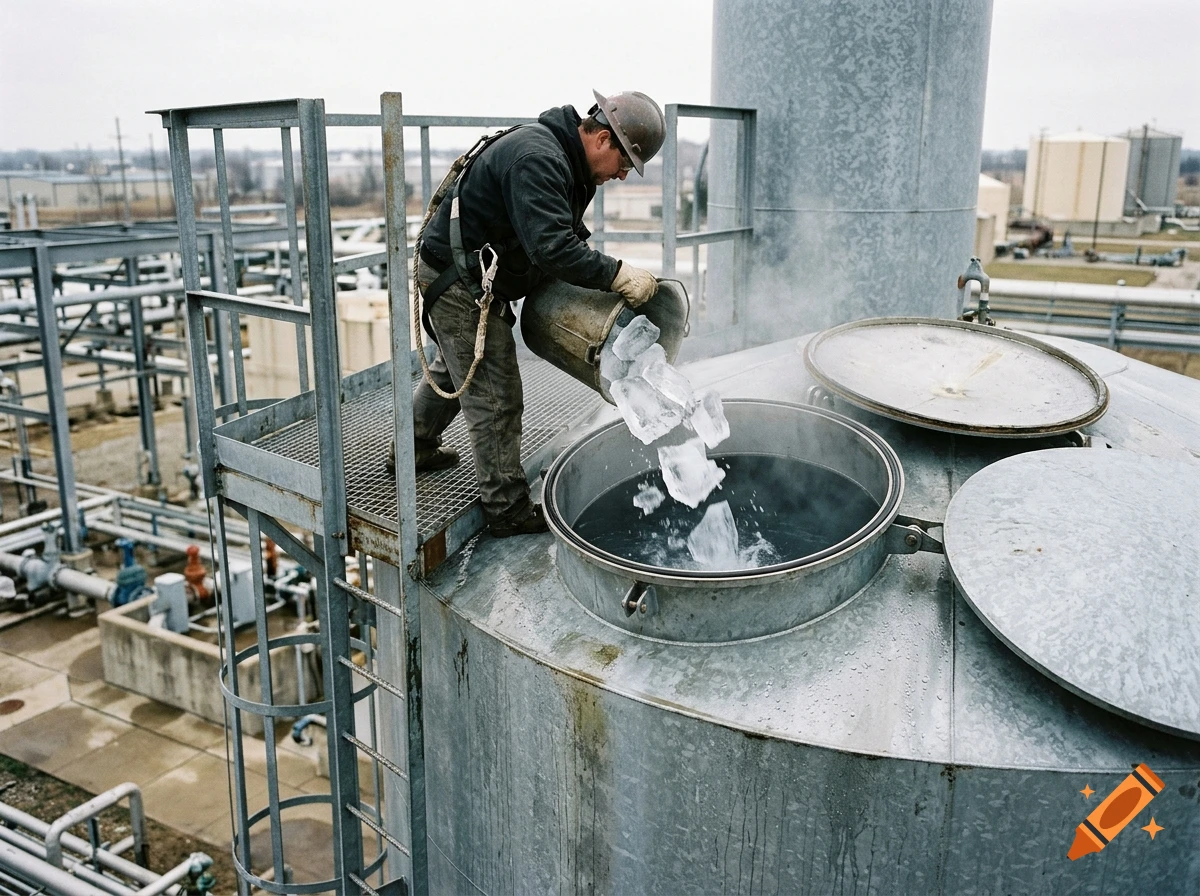An industrial worker wearing a hard hat and safety harness dumps ice blocks from a bucket into a large open tank.