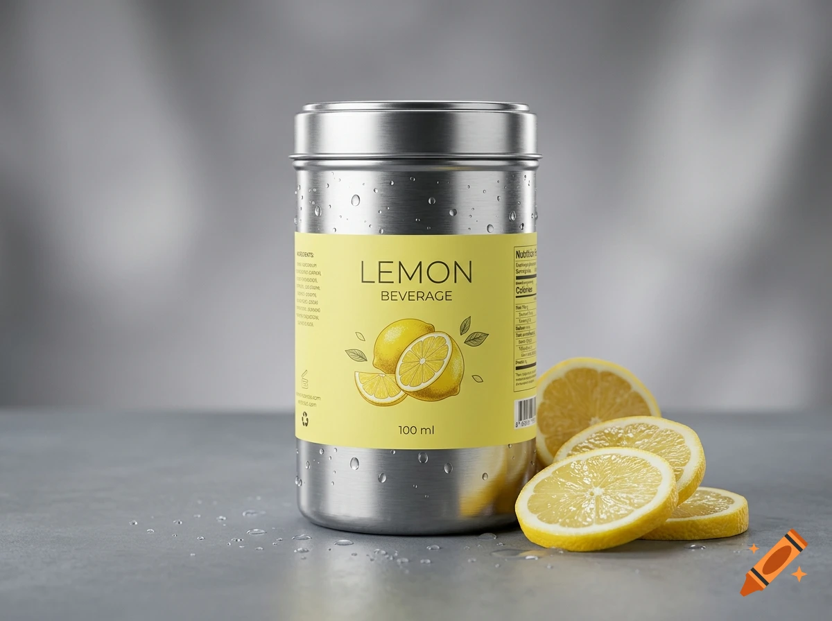 Photorealistic image of a stainless steel can of lemon beverage with fresh lemon slices on a gray surface.