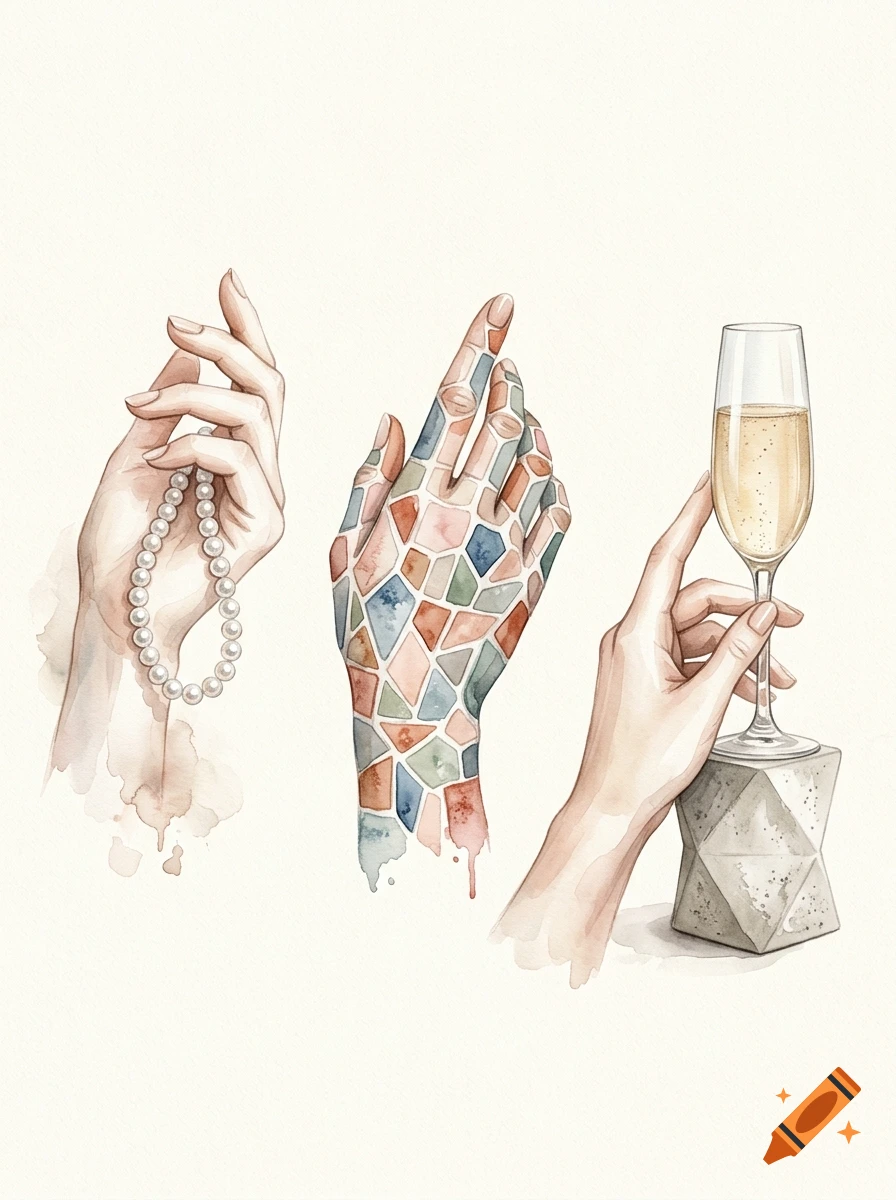 Watercolor painting of three stylized hands: one holding a pearl necklace, one with mosaic pattern, one holding a champagne glass.