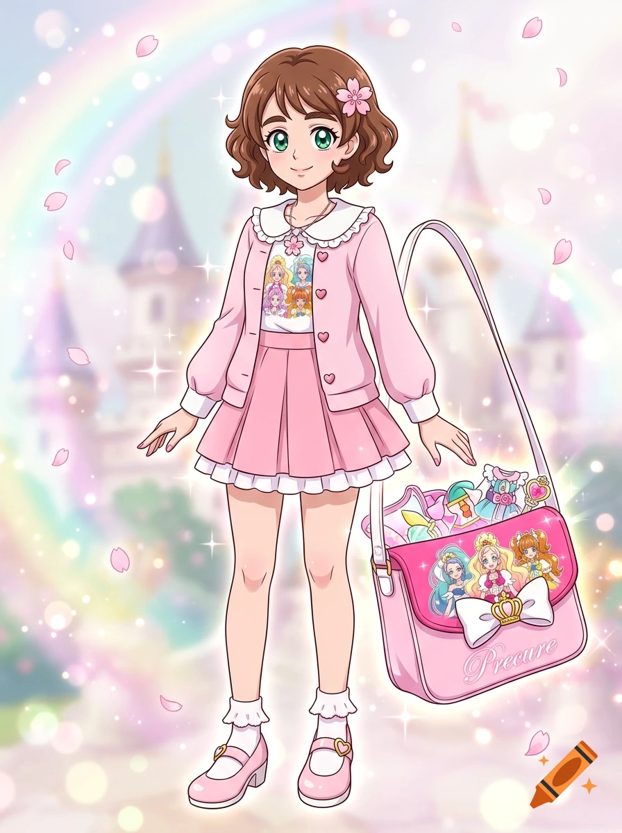 Anime style illustration of a smiling 16-year-old girl in a pink cardigan and skirt holding a magical shoulder bag, in front of a castle and rainbow background.