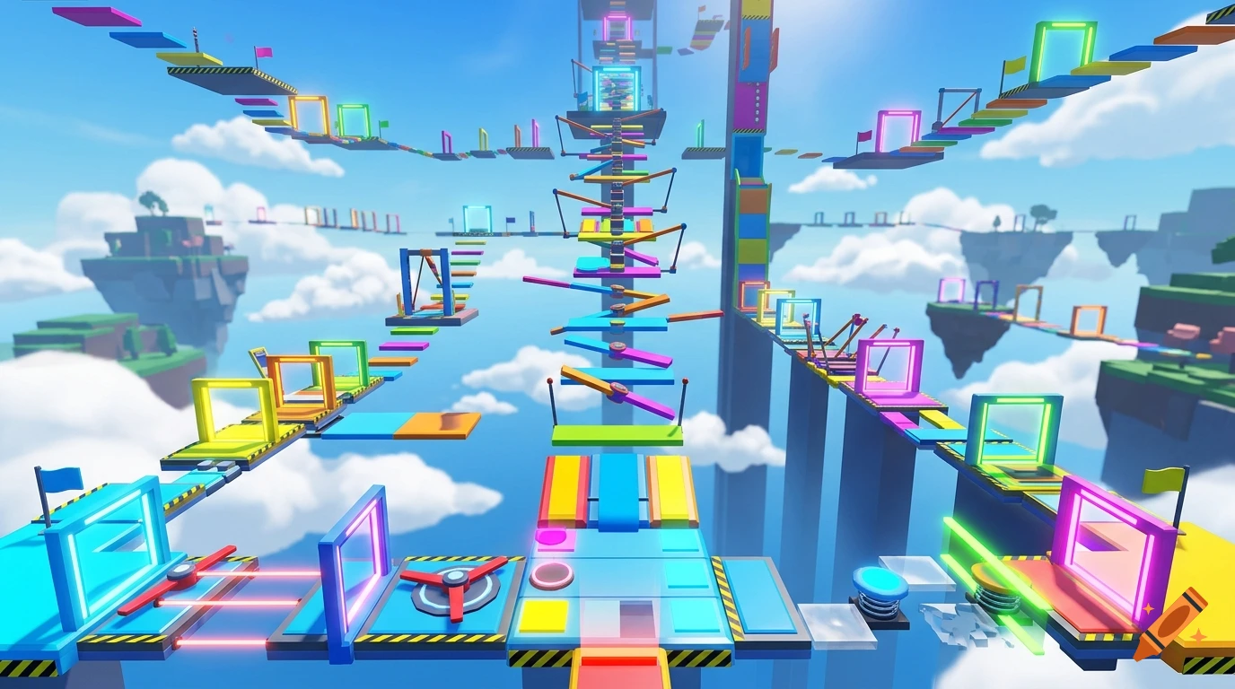 Colorful obby obstacle course floating in the sky with various platforms, rings, and spinning hazards rendered in a 3D style.