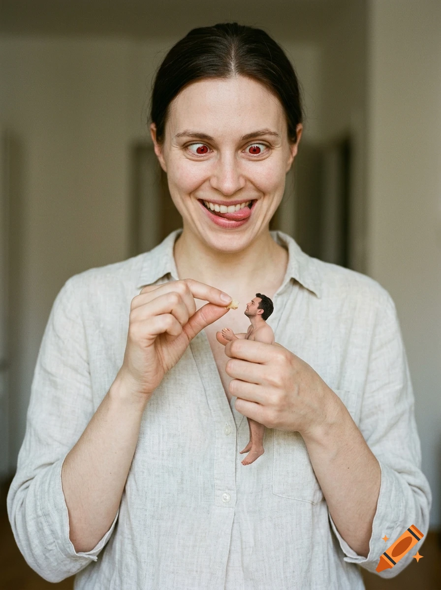A smiling woman with red eyes holds a tiny miniature man in her hands and offers him a piece of food.