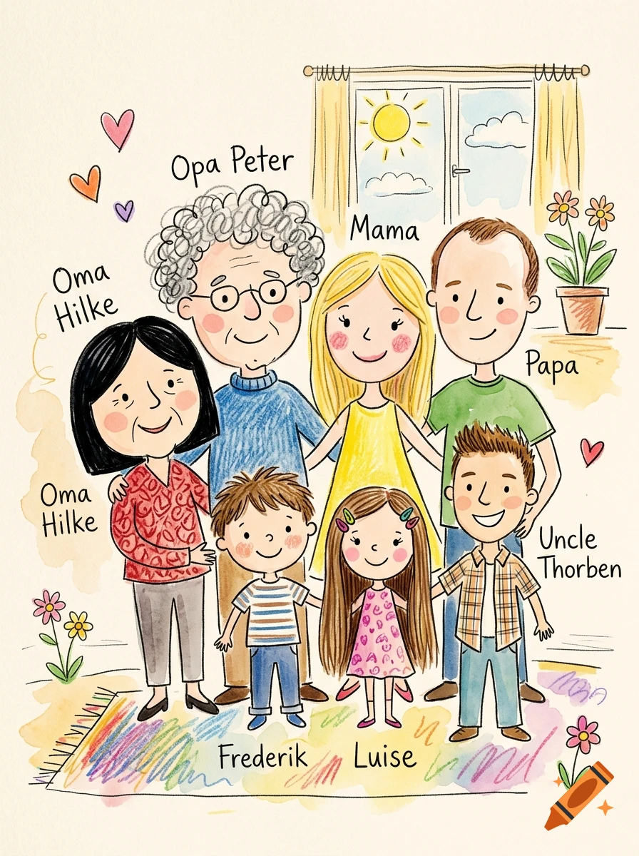 Children's drawing style illustration of a large family standing together with their names written above each person.