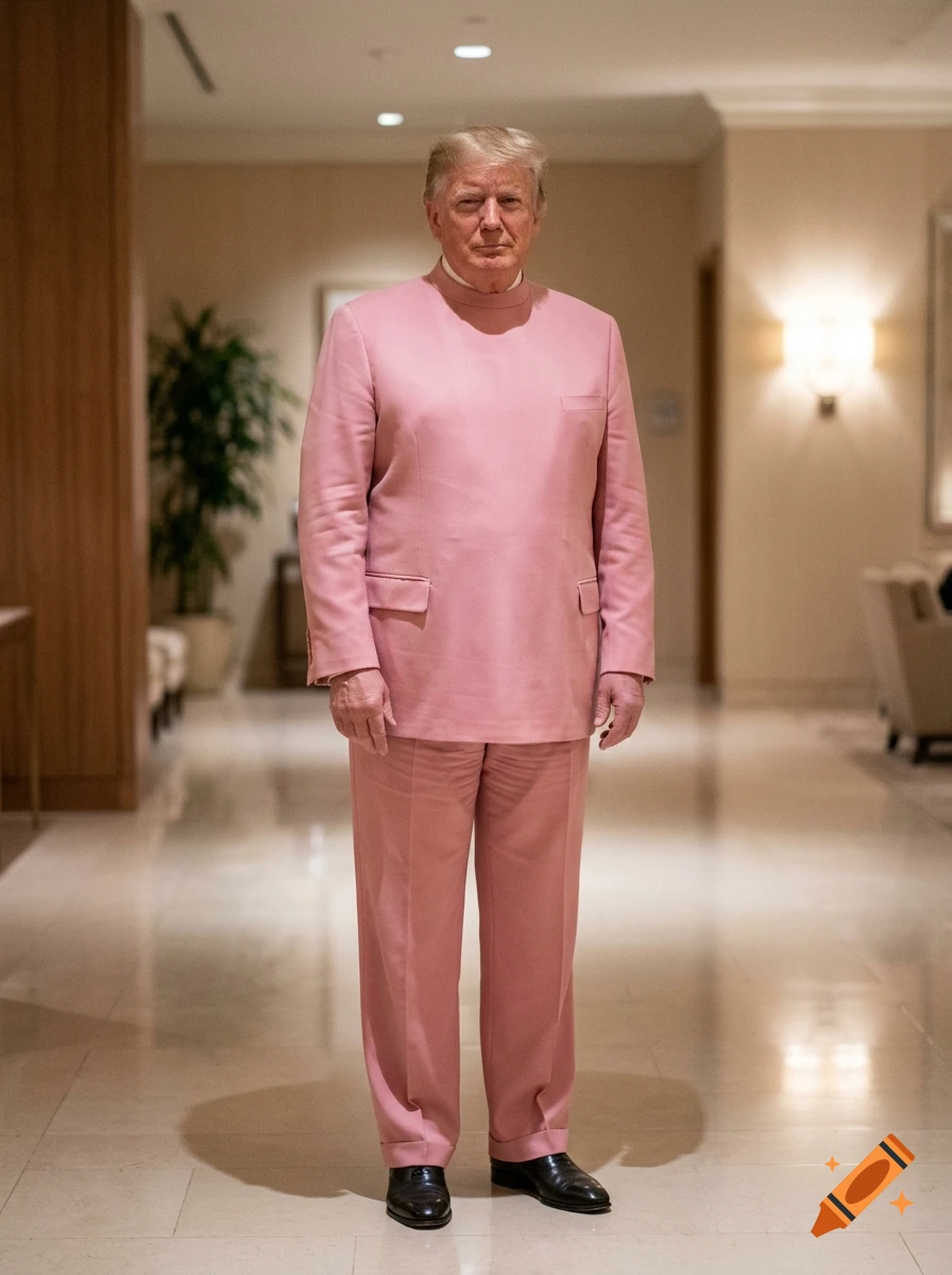 Photorealistic full-body portrait of Donald Trump wearing a pink mandarin-collar suit and pink trousers standing in a hotel hallway.