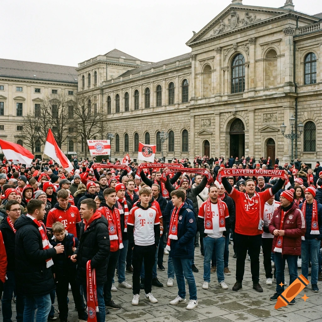 Photorealistic image of FC Bayern Munich fans gathered in front of the Munich Residence, holding team scarves and flags.
