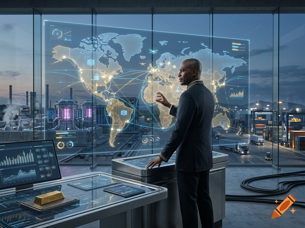 A man in a suit standing in a futuristic control room, interacting with a large holographic world map and data screens.