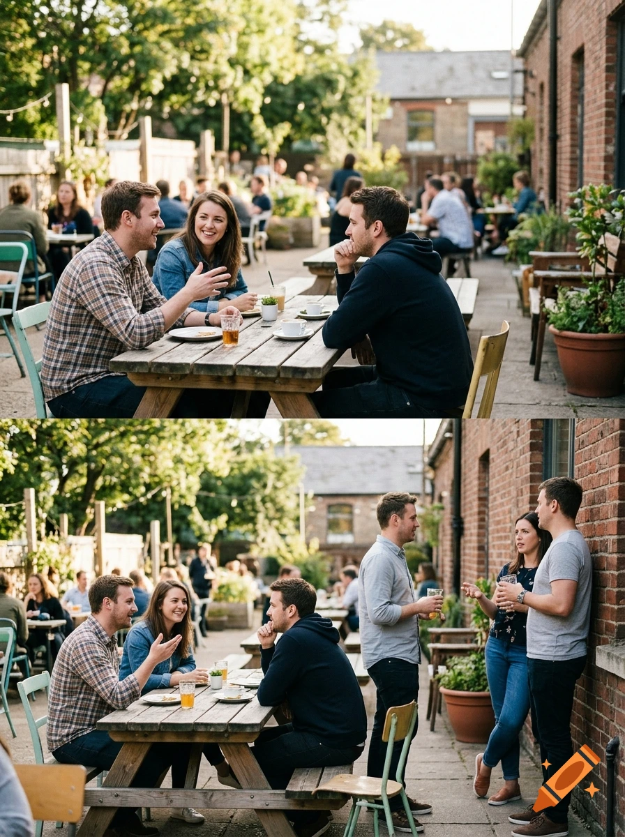 Split image showing a group of friends socializing at a wooden picnic table and standing outside a brick building.